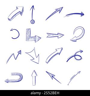 Frecce curve tracciate a mano dal vettore. Disegno della freccia della curva, illustrazione della penna con la freccia. Frecce curve tracciate a mano dal vettore Foto Stock