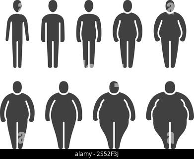 Figure sottili, normali, grasse in sovrappeso. Proporzioni diverse di persone corpi. Icone vettoriali di classificazione obese isolate. Corpo sottile e figura in sovrappeso. Figure sottili, normali, grasse in sovrappeso. Proporzioni diverse di persone corpi. Icone vettoriali di classificazione obese isolate Illustrazione Vettoriale