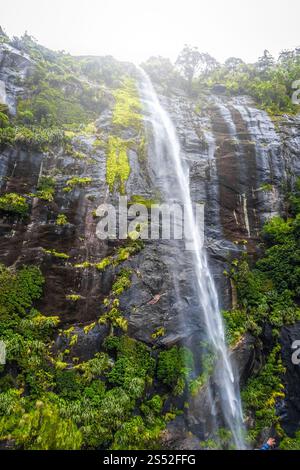 Cascata nel paesaggio del lago Milford Sound, nuova Zelanda. Cascata nel lago Milford Sound, nuova Zelanda Foto Stock