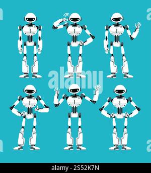 Robot Spaceman android in pose diverse. Carino cartoni animati futuristico set di personaggi umanoidi. Macchina robotica Cyborg, giocattolo futuristico meccanico. Illustrazione vettoriale. Robot Spaceman android in pose diverse. Carino cartoni animati futuristico set di personaggi umanoidi Illustrazione Vettoriale