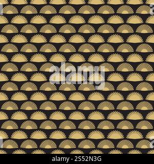 Design con motivo senza cuciture per ventole a mano in oro. Trama geometrica astratta dei ventilatori. Illustrazione vettoriale. Design con ventole a mano in oro senza cuciture. Trama geometrica astratta dei ventilatori Illustrazione Vettoriale