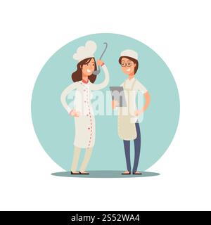 Due chef sorridenti che assaggiano cibo. Cuochi professionisti icona del design dei personaggi dei cartoni animati isolata sul bianco. Illustrazione vettoriale. Due chef sorridenti che assaggiano cibo. Cuochi professionisti che disegnano i personaggi dei cartoni animati Illustrazione Vettoriale