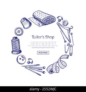 Elementi da cucire disegnati a mano vettoriali in forma circolare con posto per il testo nell'illustrazione rotonda centrale. Elementi da cucire disegnati a mano Illustrazione Vettoriale