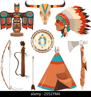 Set di simboli vettoriali di indiani d'america. Tribale nativa americana, illustrazione tradizionale di tomahawk. Set di simboli vettoriali di indiani d'america Illustrazione Vettoriale