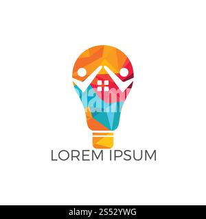Modello logo Smart House. Lampadina con logo per edifici e persone. Concetto di casa intellettuale, appartamento o cottage. Foto Stock