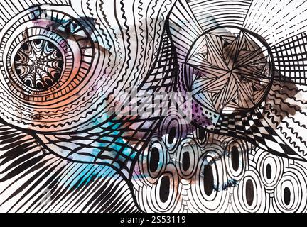 Abstract di nero ornamento del cerchio disegnato a mano con inchiostro nero sopra dipinta impronta sul foglio di carta prelevato in acquerello monotype tecnica Foto Stock