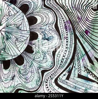 Abstract di nero ornamento floreale disegnato a mano con inchiostro nero su carta colorata da acquerelli marrone Foto Stock