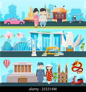 Striscioni illustrazioni dei paesi dell'est vietnam, thailandia e singapore. Edificio architettonico e culturale paese asiatico, vettore nazionale orientale culturale. Striscioni illustrazioni dei paesi dell'est vietnam, thailandia e singapore Illustrazione Vettoriale