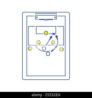 Icona di allenatore di calcio tablet con piano di gioco. Linea sottile design. Illustrazione Vettoriale. Foto Stock