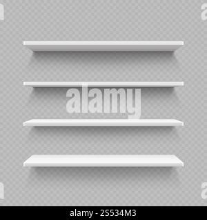 Scaffale bianco vuoto isolato su sfondo trasparente. Ripiano realistico per gallerie d'interni e negozi, illustrazione vettoriale. Scaffale bianco vuoto Foto Stock