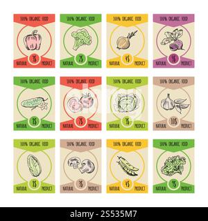 Illustrazioni di verdure vettoriali sulle schede dei prezzi per il mercato agricolo. Set di immagini disegnate a mano di verdure agricole naturali biologiche. Verdure vettoriali Foto Stock