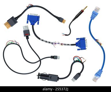 Fili danneggiati con spine. Scollegare il gruppo vettoriale dei cavi elettrici rotti isolato su sfondo bianco. Illustrazione del taglio di fili e cavi, vga e usb, connettore maschio di uscita sata. Fili danneggiati con spine. Scollegare il gruppo vettoriale dei cavi elettrici rotti isolato su sfondo bianco Illustrazione Vettoriale