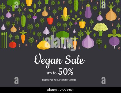 Fondo di vendita orizzontale di frutta e verdura disegnata a mano. Immagine della vendita di verdure per striscioni vegani. Negozio orizzontale Vector Flat Vegetables, Foto Stock