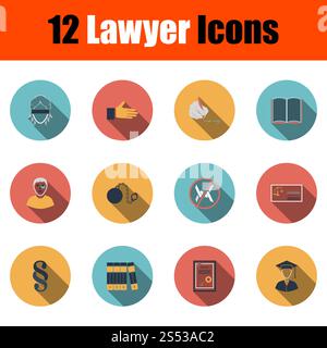Avvocato Icon Set. Design piatto con lunga ombra. Illustrazione Vettoriale. Foto Stock