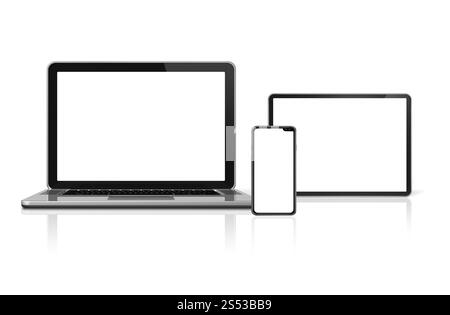 Mockup per laptop, tablet e telefono isolato su sfondo bianco con schermi vuoti. Rendering 3D. Mockup per laptop, tablet e telefono isolato su Foto Stock