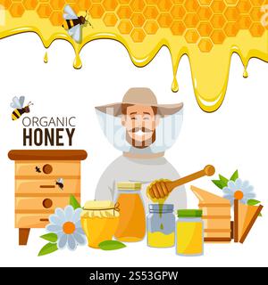 Modello di poster vettoriale del tema apiario. Illustrazioni di api e miele. Api e miele, favo e apicoltura. Modello poster vettoriale dell'apiario Foto Stock