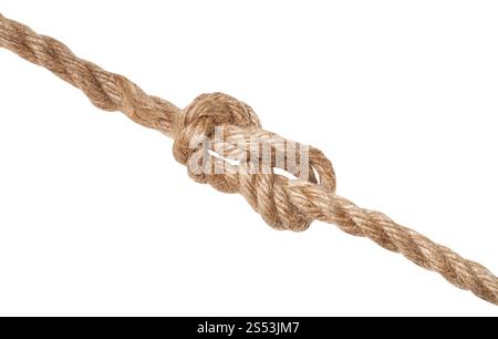 La figura-otto knot legato su di spessore corda di iuta isolati su sfondo bianco Foto Stock