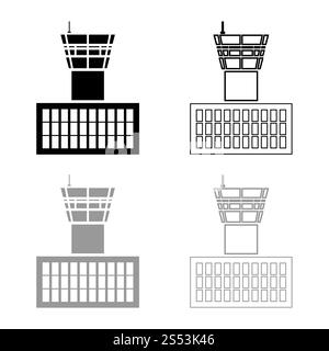 La torre di controllo Aeroporto volo edificio torre di controllo icona set di contorno nero colore grigio illustrazione vettoriale stile piatto semplice immagine Foto Stock