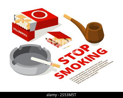 Illustrazioni concettuali del tema smettere di fumare. Varie immagini isometriche di strumenti per fumatori. Illustrazione di stop, striscione di sigarette fumanti. Concetto Foto Stock