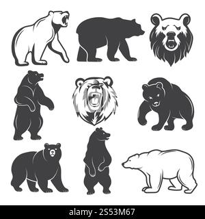 Illustrazioni monocromatiche di orsi stilizzati. Set di immagini per il design di logo o badge. Animale dell'orso vettoriale, mammifero selvatico silhouette monocromatica. Foto Stock