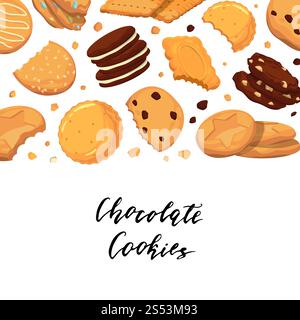 Sfondo per banner vettoriale e poster con lettere e illustrazione dei cookie dei cartoni animati. Sfondo vettoriale con caratteri e biscotti per cartoni animati Illustrazione Vettoriale