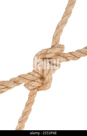 i cacciatori si piegano unendo due corde da vicino isolate su sfondo bianco Foto Stock