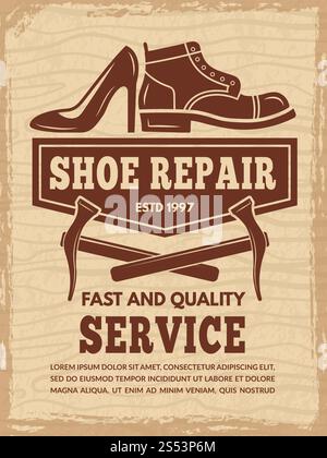 Poster con illustrazioni dell'officina per la riparazione delle scarpe. Scarpa di riparazione vettoriale, illustrazione banner calzaturiera. Poster con illustrazioni dell'officina per la riparazione delle scarpe Illustrazione Vettoriale