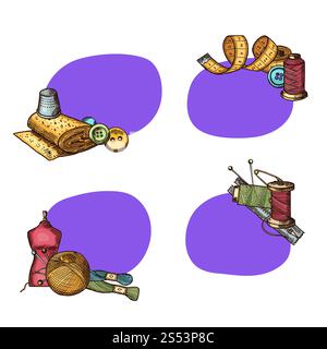 Set vettoriale di adesivi con spazio per il testo con elementi da cucire disegnati a mano. Badge con illustrazione vuota. Set vettoriale di adesivi con elementi da cucire disegnati a mano Illustrazione Vettoriale