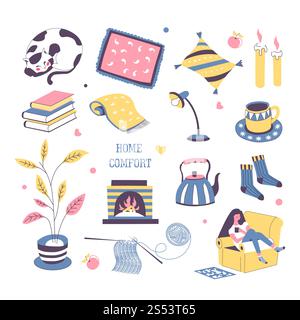 Cose di conforto a casa. cartoon girl isolata vettoriale in poltrona con gatto al camino, morbido cuscino e plaid caldo di lana o fiore in vaso, candele Foto Stock