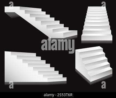 Scale o scale e scale a podio. Scale bianche isolate 3D vettoriali isolate in diverse angolazioni per la progettazione di interni o scale di edifici Foto Stock
