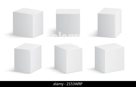 Scatola bianca. Pacchetto medico vuoto. Prodotto medico scatole di cartone 3d modello isolato vettoriale. Illustrazione della confezione del modello del prodotto. Scatola bianca. Foto Stock