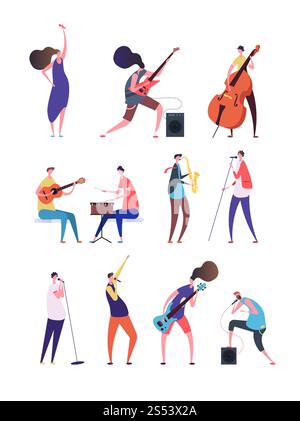 Persone che suonano musica. Musicisti che eseguono cantanti rock con microfono chitarrista e batterista. Caratteri vettoriali piatti della banda musicale. Illustrazione Foto Stock