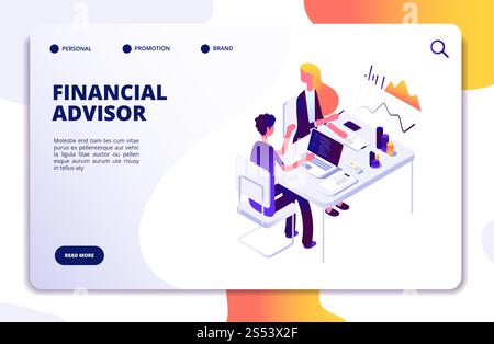 Concetto isometrico del consulente finanziario. Analisi dei dati aziendali con team di professionisti. Pagina di destinazione del vettore di gestione degli investimenti di denaro. Illustrazione di Foto Stock