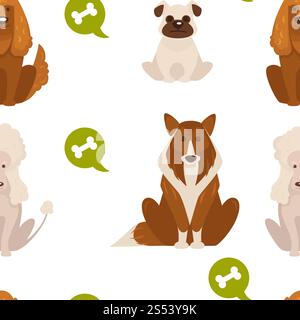 I tipi di cane e le razze di animali canini pattern senza cuciture isolato su un vettore di sfondo bianco. Set animalistico con cuccioli e doggy, barboncino e bulldog, Foto Stock