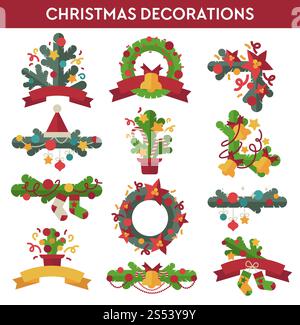 Set vettoriale di elementi decorativi natalizi in stile piatto. Illustrazione. Set vettoriale di elementi decorativi natalizi in stile piatto. Foto Stock