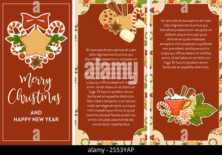 Buon Natale e felice anno nuovo poster con testo vettoriale. Simboli delle vacanze invernali, biscotti allo zenzero a forma di stella, bastoncini di cannella e tazza Foto Stock
