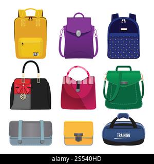 Illustrazioni cartoni animati di borse da donna. Le foto di moda impostano isolato. Borsa Vector, accessorio donna in pelle. Illustrazioni cartoni animati di borse da donna. Le foto di moda impostano isolato Illustrazione Vettoriale