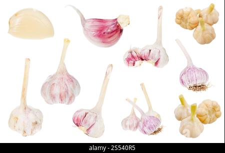 Varie fresco e aglio sottaceto isolati su sfondo bianco Foto Stock