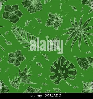 Sfondo per schizzi di foglie di palma tropicale senza cuciture. design botanico vettoriale di foglie esotiche tropiche monstera per la stampa paradiso estivo alla moda Foto Stock