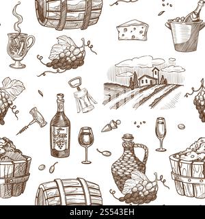 Vino e botti con bevanda alcolica senza cuciture vettoriale. Edificio con vigneti e uva per preparare bevande. Bottiglie e vetro con Foto Stock