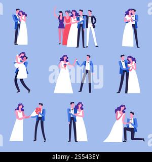 Cerimonia di nozze di matrimonio con gli ospiti e coppia coppia di sposi felici con uomini migliori e damigella d'onore che regala un bouquet di fiori Foto Stock