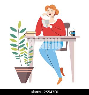 Donna seduta accanto a un tavolo e a un libro di lettura che studia donna vettoriale che tiene il materiale stampato da un libro di testo e che ottiene nuove informazioni dal caffè dell'opuscolo Foto Stock