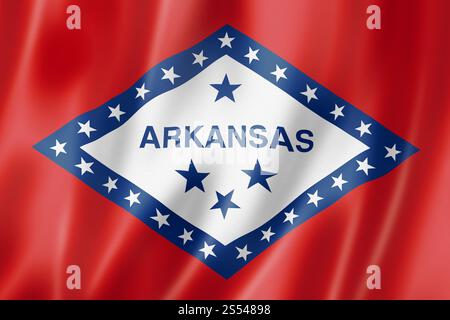 Bandiera dell'Arkansas, collezione di striscioni ondulati degli stati uniti. Illustrazione 3D. Bandiera dell'Arkansas, Stati Uniti Foto Stock