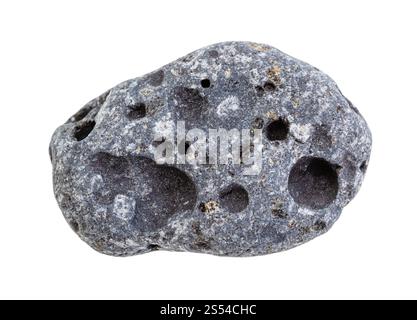 primo piano del campione di minerale naturale proveniente dalla raccolta geologica - roccia di pomice grigia tumulata isolata su sfondo bianco. Pietra pomice grigia rotolata Foto Stock