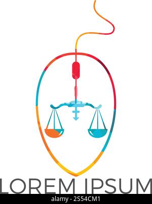 Concept di design dei logo aziendali online. Design del logo del servizio di arbitro. Scale e simbolo o icona del cursore. Modello di legge e logotipo digitale unico. Illustrazione Vettoriale