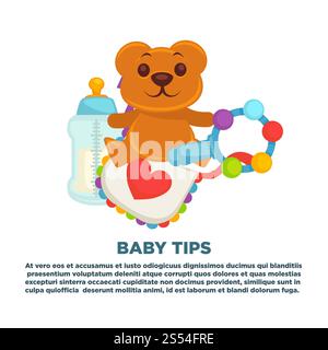 Biglietto d'auguri per neonati o neonati o poster di invito con testo. Peluche vettoriale, sonaglino o tettarella e pannolini per neonati per una maternità felice. Biglietto d'auguri per neonati o neonati o poster di invito con testo. Illustrazione Vettoriale