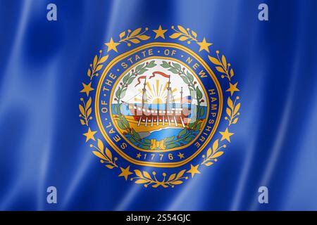 Bandiera del New Hampshire, collezione di striscioni ondulati degli stati uniti. Illustrazione 3D. Bandiera del New Hampshire, Stati Uniti Foto Stock