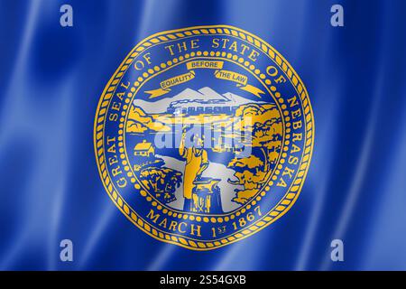 Bandiera del Nebraska, collezione di striscioni ondulati degli stati uniti. Illustrazione 3D. Bandiera del Nebraska, Stati Uniti Foto Stock