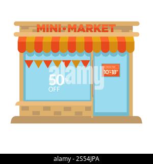 Mini market shop stand o icona della facciata isolata vettoriale del negozio di alimentari. Minimarket dal design piatto con vista sulla strada con vetrina, porta e segnaletica. Mini market shop Booth facciata dell'edificio del negozio di alimentari Vector design piatto icona isolata Illustrazione Vettoriale
