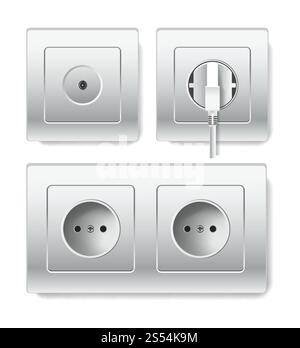 Tipi di prese o prese elettriche per spine. Connettore femmina e ingresso cavo 3D isolato e realistico con diversi ingressi di connessione per telefono, tv, cavo Internet o dispositivo collegato. Icone isolate 3D vettoriali delle prese elettriche e degli ingressi di alimentazione dei cavi Illustrazione Vettoriale